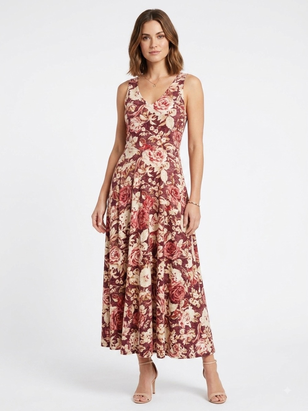 CHAPS Floral V-Neck Maxi Dress in Burgundy and Cream